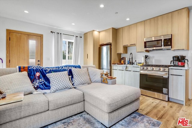 living room with sink and light wood-type flooring