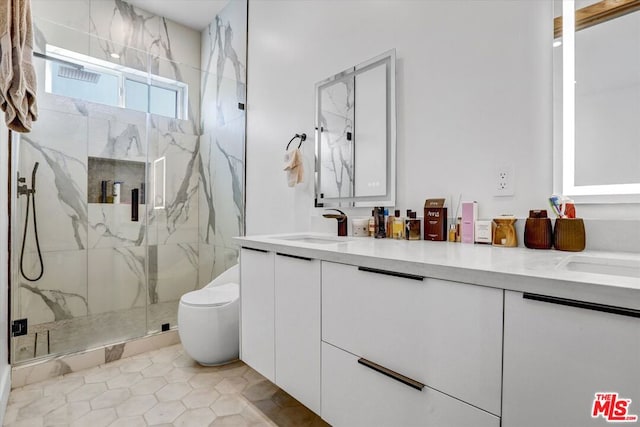 bathroom with walk in shower, vanity, toilet, and tile patterned flooring