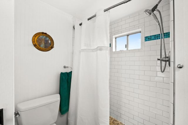 bathroom featuring toilet and a shower with shower curtain