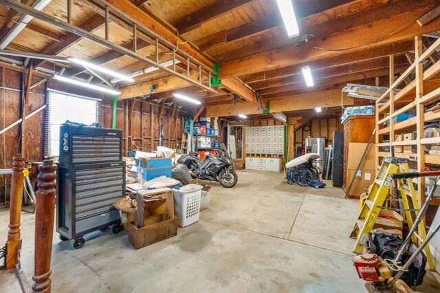 basement with a workshop area