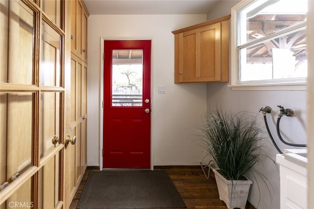 interior space with cabinets and dark hardwood / wood-style flooring