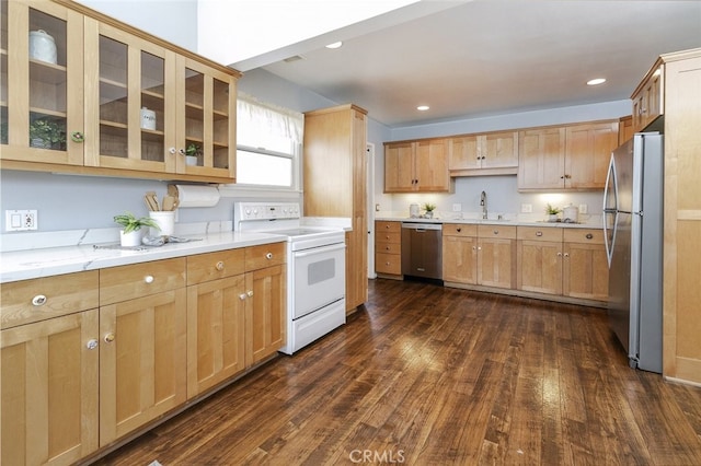 kitchen with appliances with stainless steel finishes, dark hardwood / wood-style floors, light stone countertops, and sink