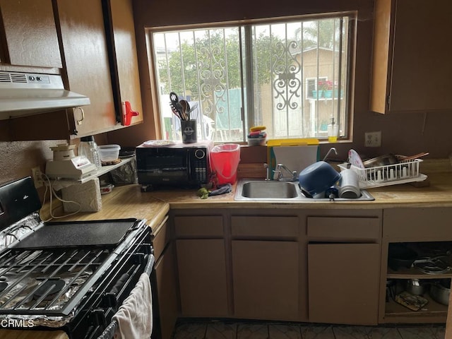 kitchen with ventilation hood, sink, and black appliances