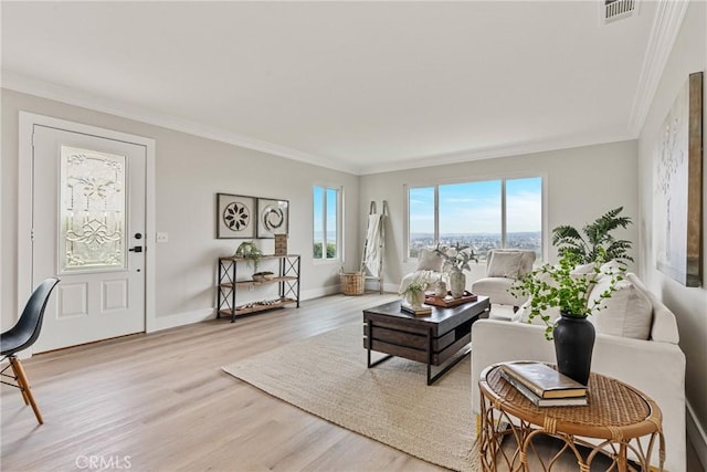 living room featuring crown molding and light hardwood / wood-style flooring