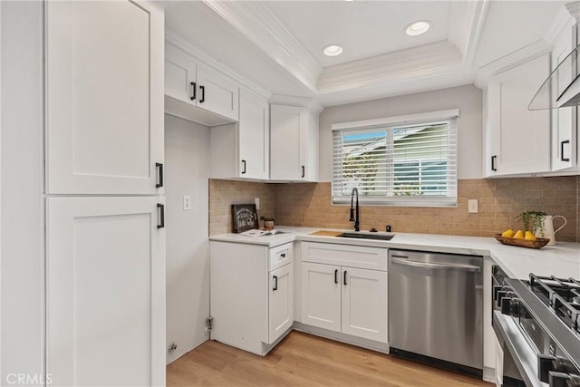 kitchen with white cabinetry, sink, a raised ceiling, and appliances with stainless steel finishes