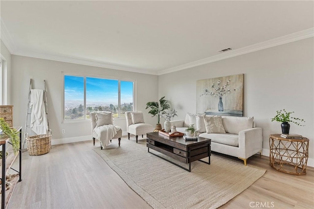 living room with crown molding and wood-type flooring