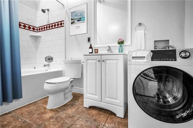 full bathroom featuring vanity, washer / dryer, shower / bathtub combination with curtain, and toilet