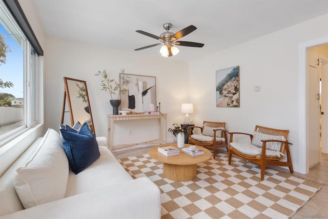 living room featuring ceiling fan