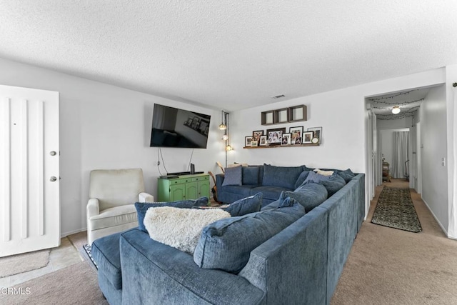 carpeted living area with a textured ceiling