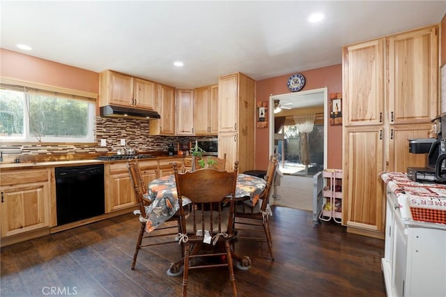 kitchen with tasteful backsplash, black dishwasher, light brown cabinets, and dark hardwood / wood-style floors