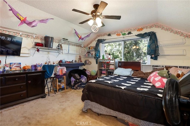 carpeted bedroom with ceiling fan, lofted ceiling, and a textured ceiling