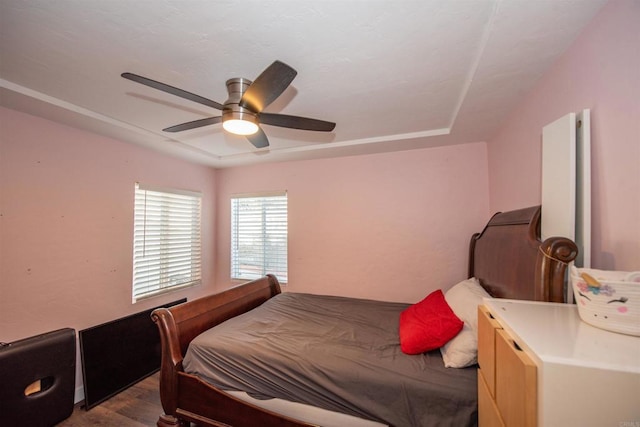 bedroom featuring ceiling fan, a tray ceiling, and light hardwood / wood-style floors