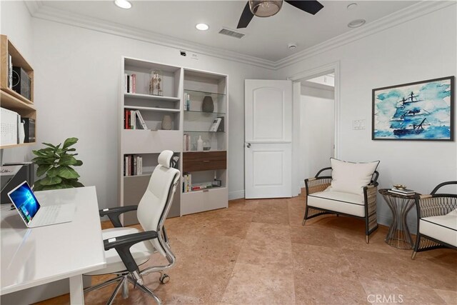 office featuring ceiling fan and ornamental molding