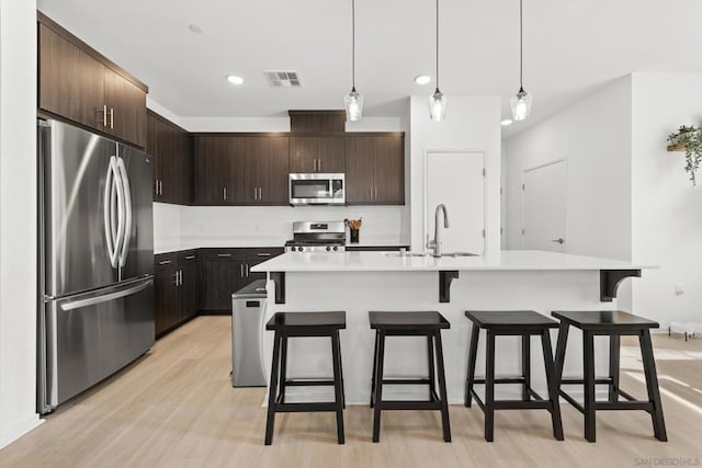 kitchen with sink, dark brown cabinets, an island with sink, and appliances with stainless steel finishes