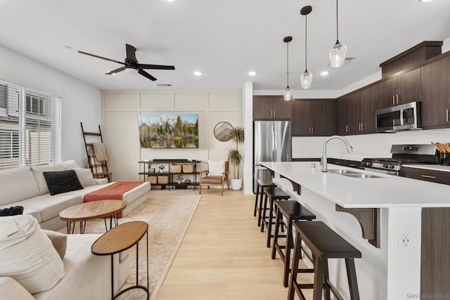 kitchen featuring appliances with stainless steel finishes, pendant lighting, sink, a kitchen island with sink, and dark brown cabinetry