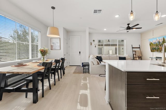 kitchen featuring sink, light hardwood / wood-style flooring, dark brown cabinetry, and decorative light fixtures