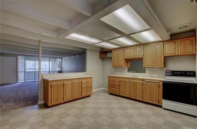 kitchen with beamed ceiling and white range with electric cooktop