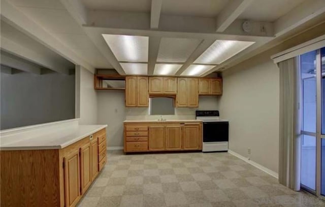 kitchen with beamed ceiling and white range with electric stovetop