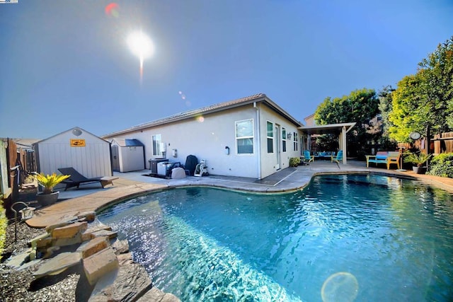 view of swimming pool with a storage shed and a patio area