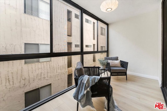 interior space with a wall of windows and light hardwood / wood-style floors