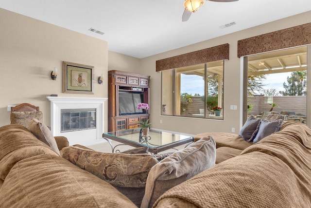 living room with ceiling fan