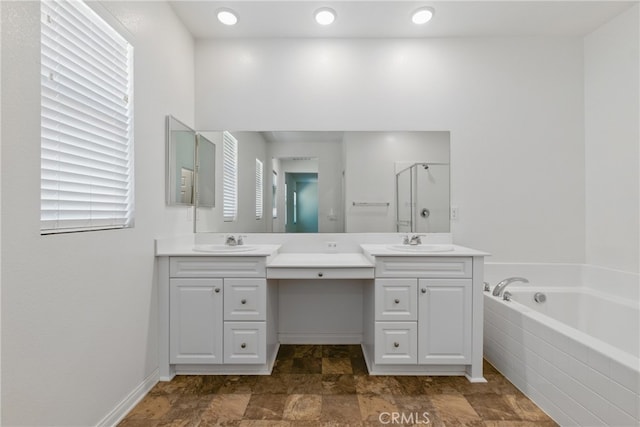 24583 Acadia Dr, Corona, CA 92883 - bathroom with double vanity, a stall shower, a bath, and healthy amount of natural light