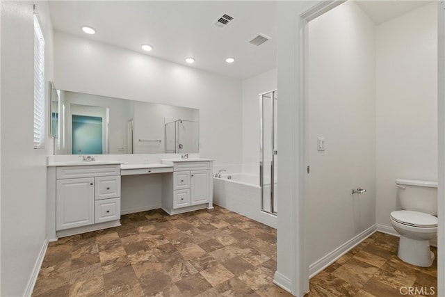 24583 Acadia Dr, Corona, CA 92883 - full bath featuring double vanity, a garden tub, stone finish floors, a stall shower, and recessed lighting