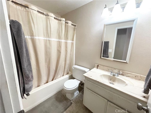 14376 Rivers Edge Rd, Helendale, CA 92342 - bathroom featuring vanity, tile patterned floors, shower / bath combination with curtain, and toilet