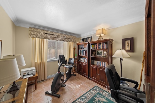 tiled home office with ornamental molding