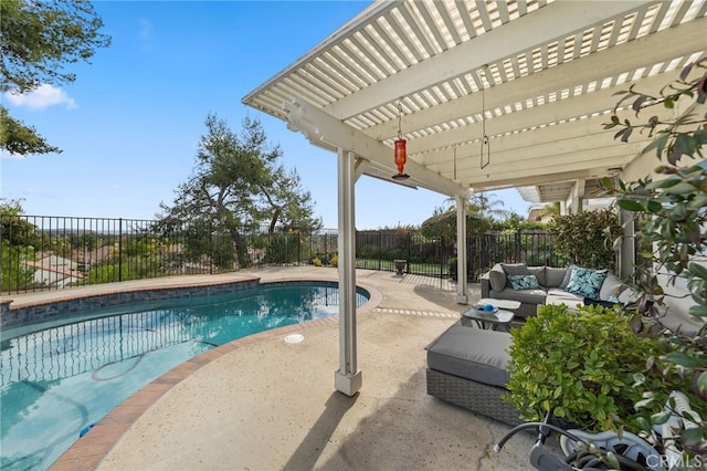 view of swimming pool with an outdoor hangout area, a pergola, and a patio area