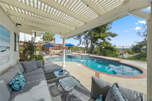 view of swimming pool with an outdoor living space, a patio area, and a pergola