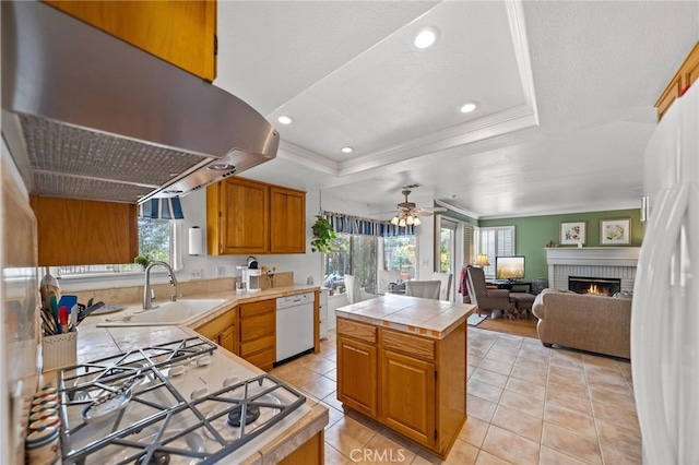 kitchen featuring island range hood, a fireplace, dishwasher, a raised ceiling, and plenty of natural light