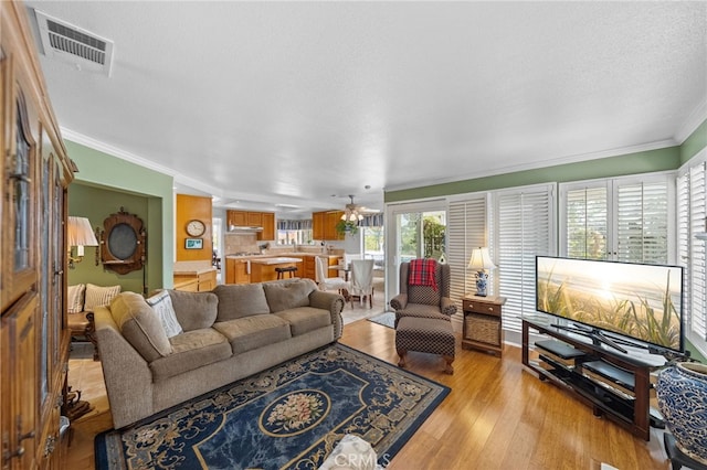 living room featuring ornamental molding, light hardwood / wood-style floors, and a textured ceiling