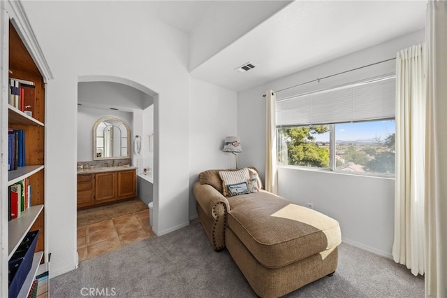 sitting room with light colored carpet