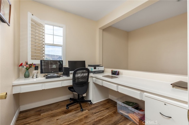 office space with dark wood-type flooring and built in desk