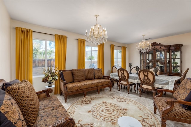 living room featuring an inviting chandelier