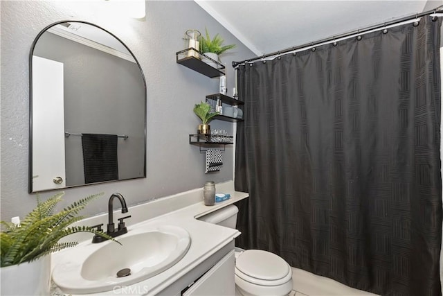 bathroom with vanity, curtained shower, and toilet