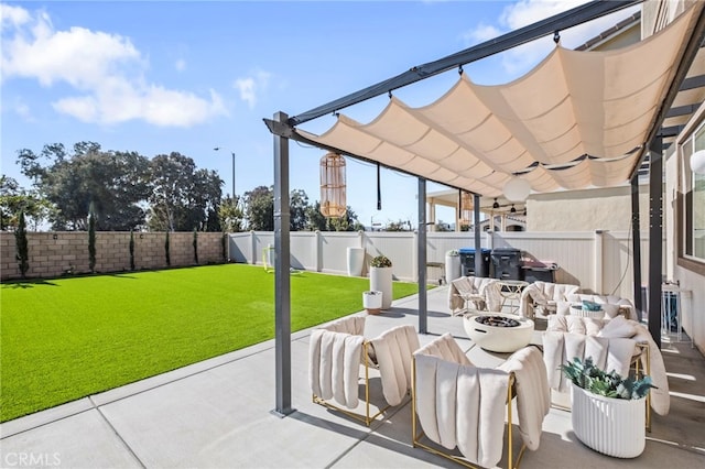 view of patio with a fire pit and a pergola