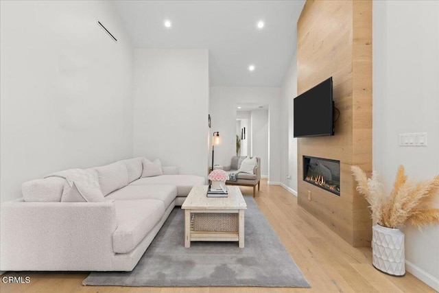 living room featuring light hardwood / wood-style flooring and a large fireplace