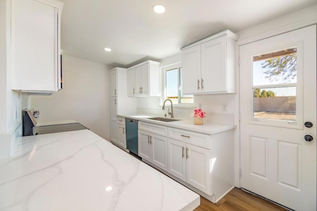 kitchen with white cabinetry, stove, sink, and stainless steel dishwasher