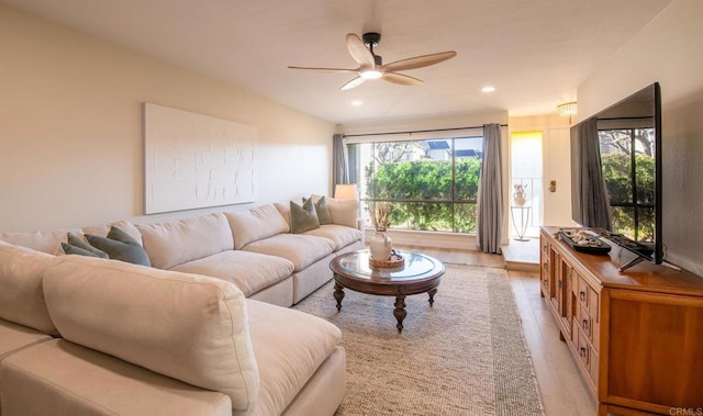 living room with ceiling fan and light hardwood / wood-style floors