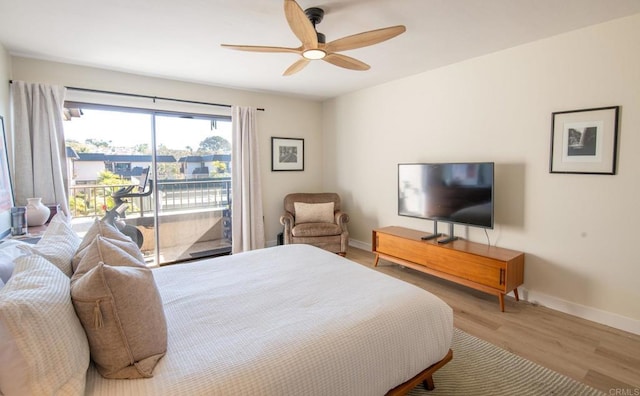 bedroom with ceiling fan, access to exterior, and light hardwood / wood-style floors