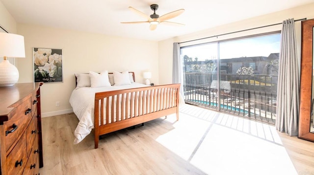 bedroom with ceiling fan, light hardwood / wood-style floors, and access to outside