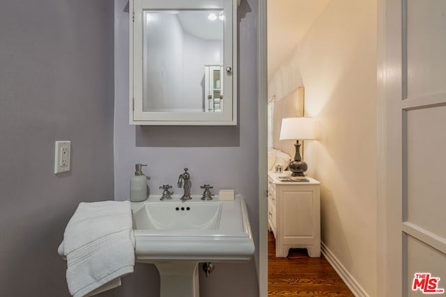 bathroom with hardwood / wood-style flooring