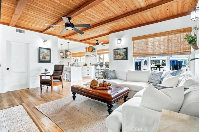 living room featuring washer / clothes dryer, wooden ceiling, beamed ceiling, and light wood-type flooring