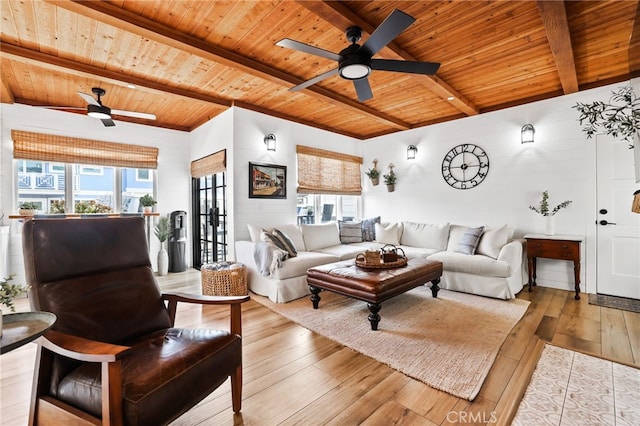 living room with beam ceiling, wood ceiling, wood-type flooring, and ceiling fan