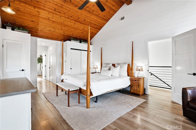 bedroom featuring light hardwood / wood-style flooring, high vaulted ceiling, beamed ceiling, and wooden ceiling