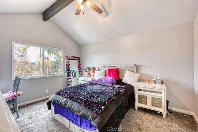 bedroom featuring ceiling fan, carpet flooring, and vaulted ceiling with beams