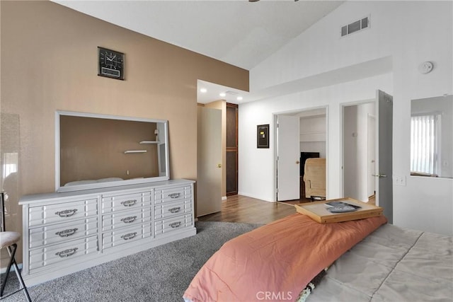 bedroom with high vaulted ceiling