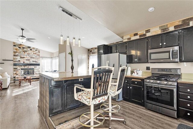 kitchen with dark wood-type flooring, appliances with stainless steel finishes, a center island, decorative light fixtures, and vaulted ceiling